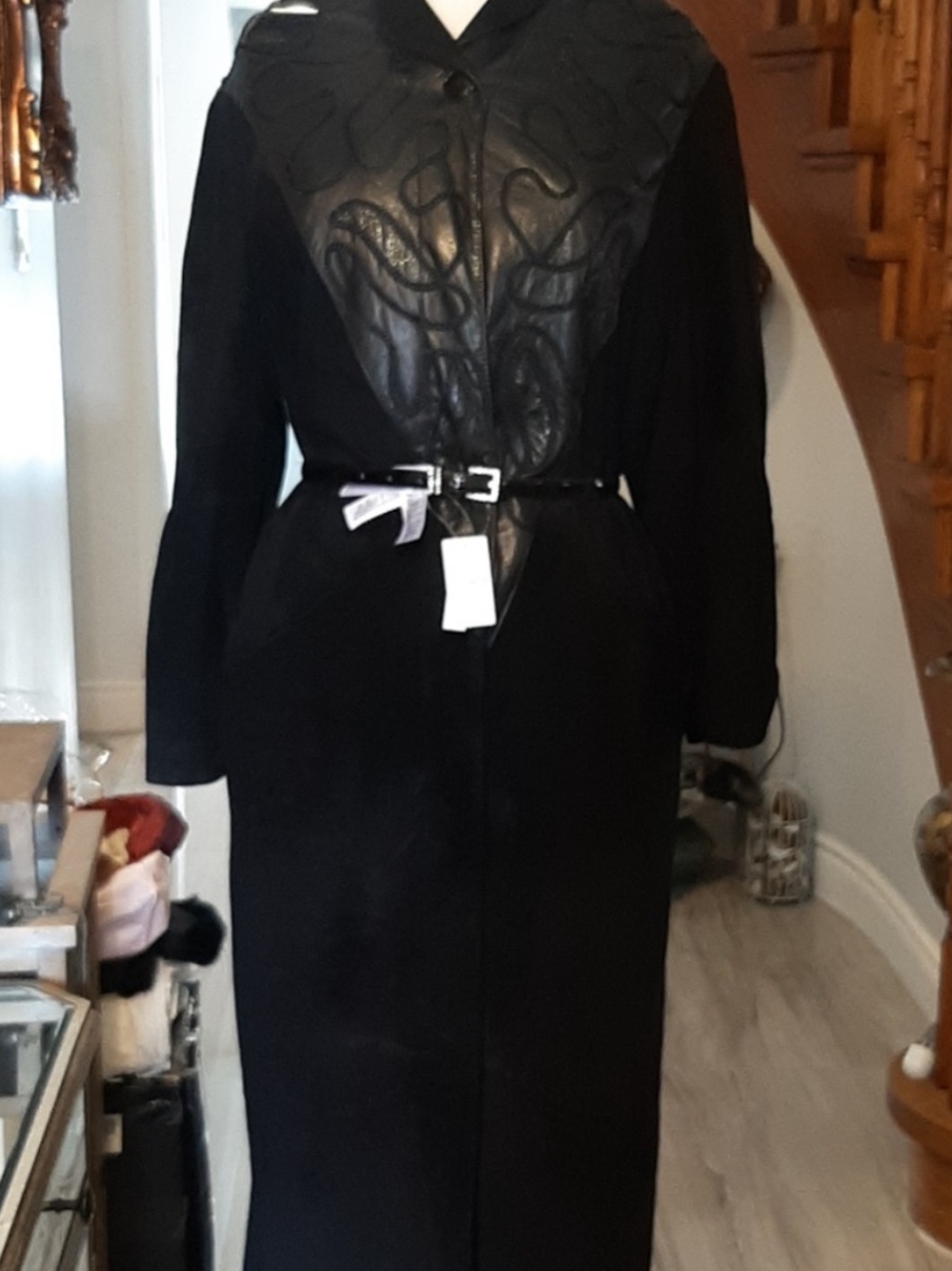 Vintage Black Long Trench Coat with Textured Leather Detailing